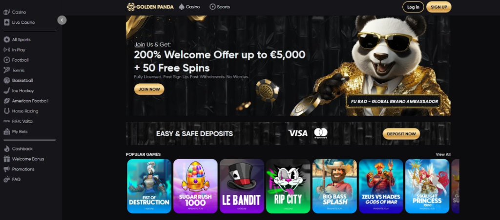 Golden Panda Casino front page featuring a panda mascot, €5,000 bonus with free spins, and games like Le Bandit and Sugar Rush. golden panda Canada online casino homepage and welcome offer